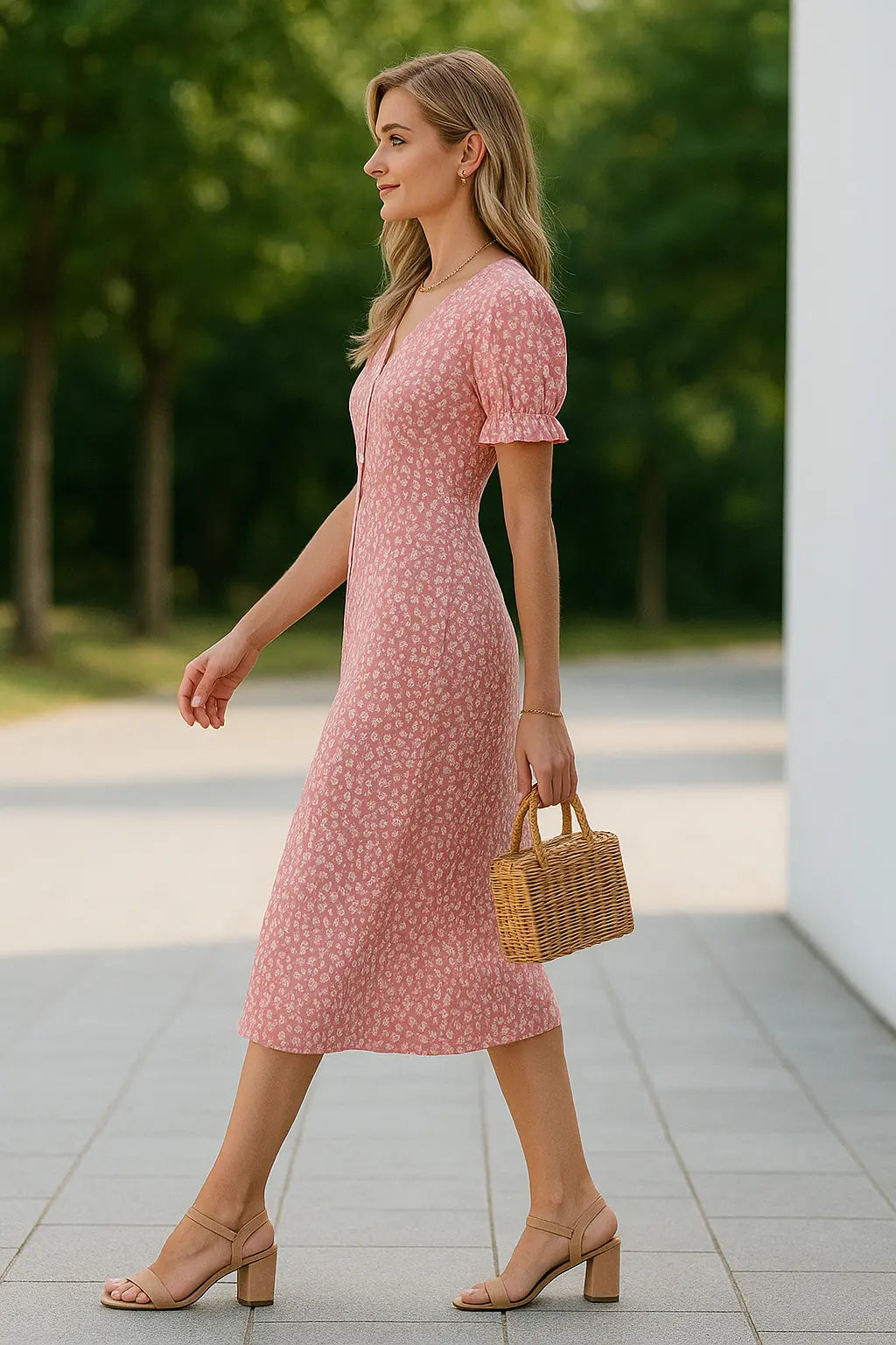 Dames Midi Jurk Met Bloemenprint, Elegante Zomerjurk Met V-Hals, Pofmouwen, Plooien En Knopen | VIQA VIQA© NEDERLAND