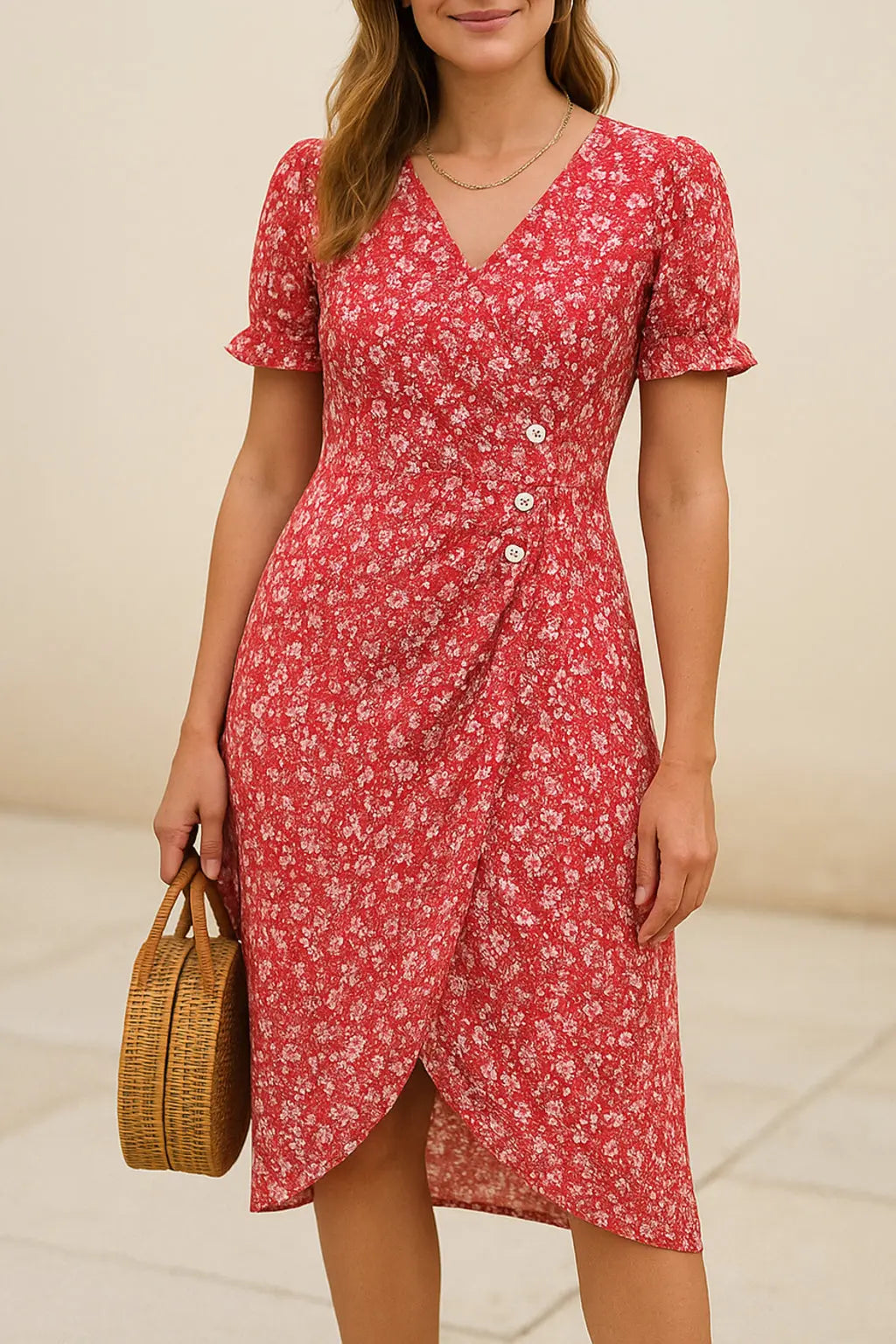 Dames Midi Jurk Met Bloemenprint, Elegante Zomerjurk Met V-Hals, Pofmouwen, Plooien En Knopen | VIQA VIQA© NEDERLAND