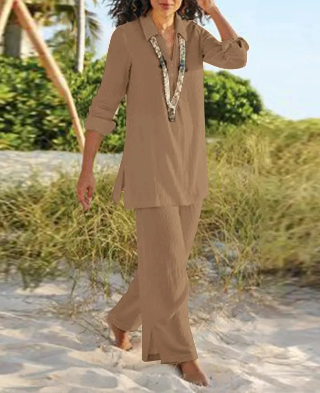 Dames Tweedelige Katoenen Linnen Set VIQA© NEDERLANDBruin-2XL