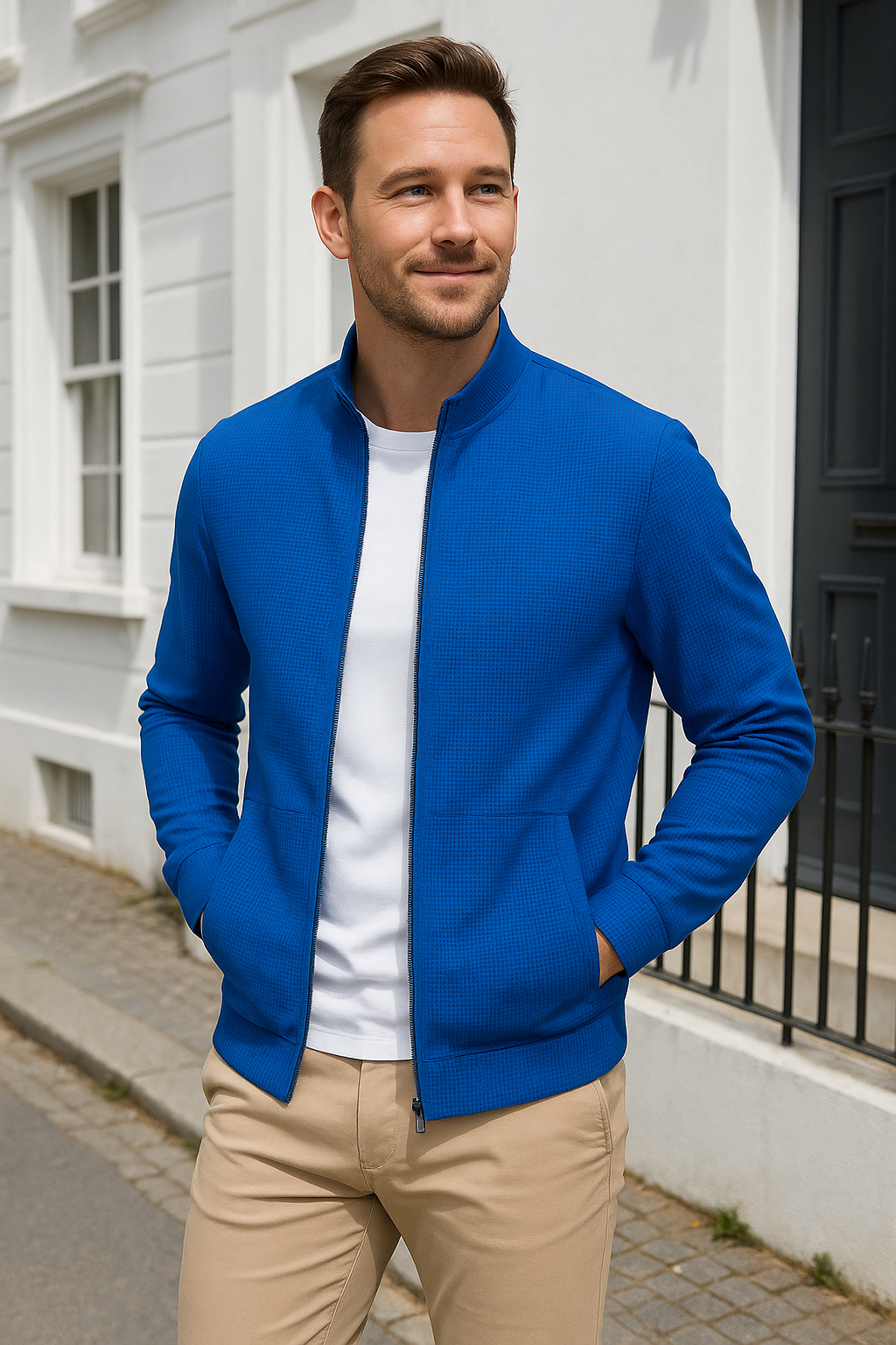 Slim Pasvorm Herenvest, Wafelpatroon, Oslagkraag, Lange Mouwen, Sportieve Stijl En Zak Met Ritssluiting | VIQA VIQA© NEDERLAND