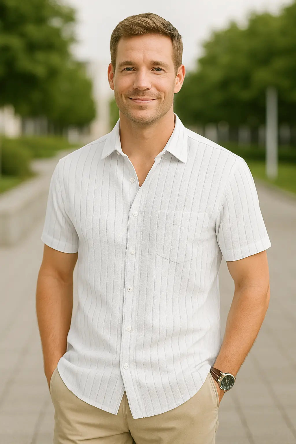 Heren Linnen Shirt, Zomerse Gestreepte Jacquard Met Korte Mouwen, Casual Effen Kleur, Comfortabele Pasvorm | VIQA VIQA© NEDERLAND