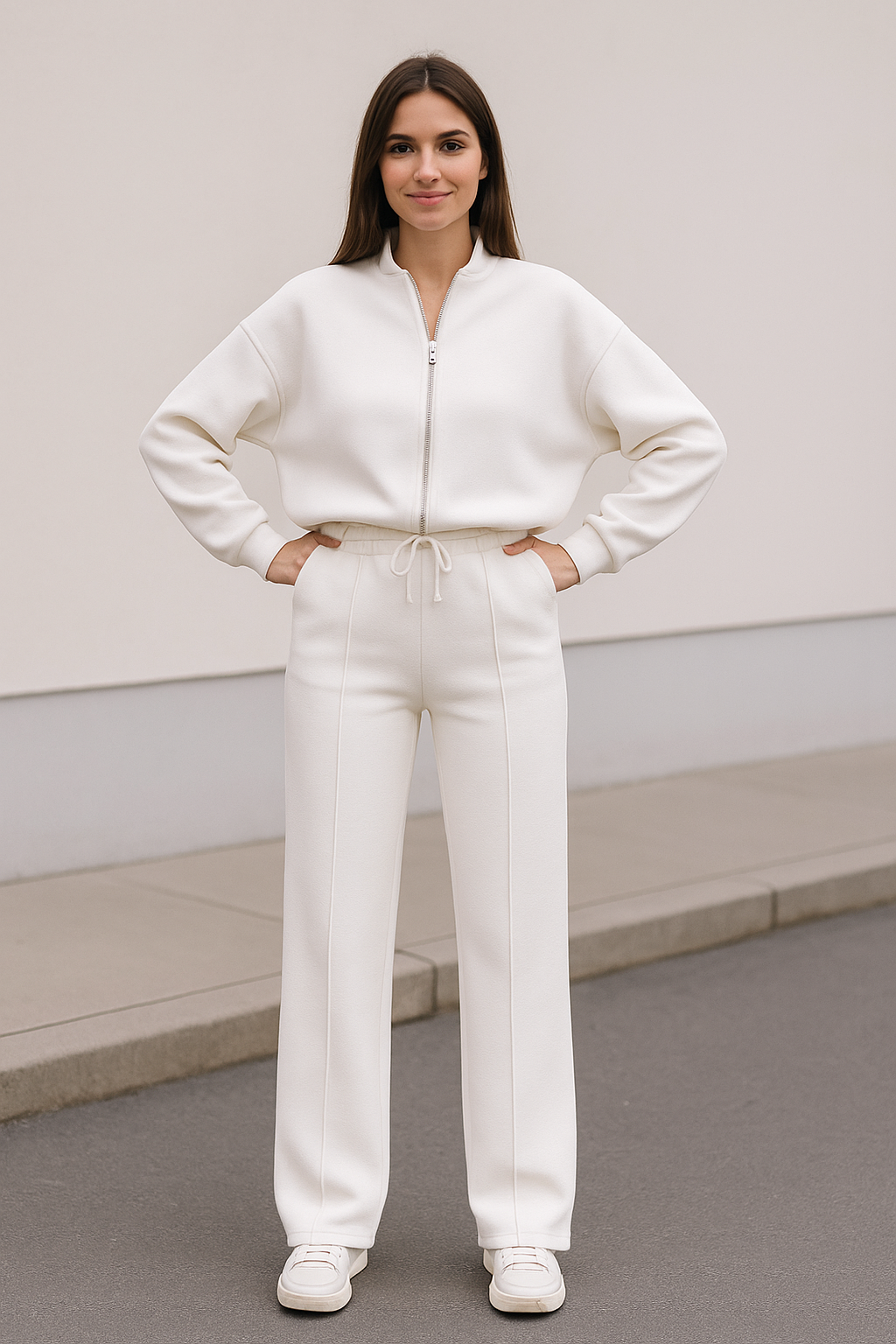 Tweedelige Rrainingspak Set Voor Dames, Sweatshirtjas Met Rits En Broek Met Wijde Pijpen En Trekkoord, Casual Sportkleding Outfit | VIQA VIQA© NEDERLAND