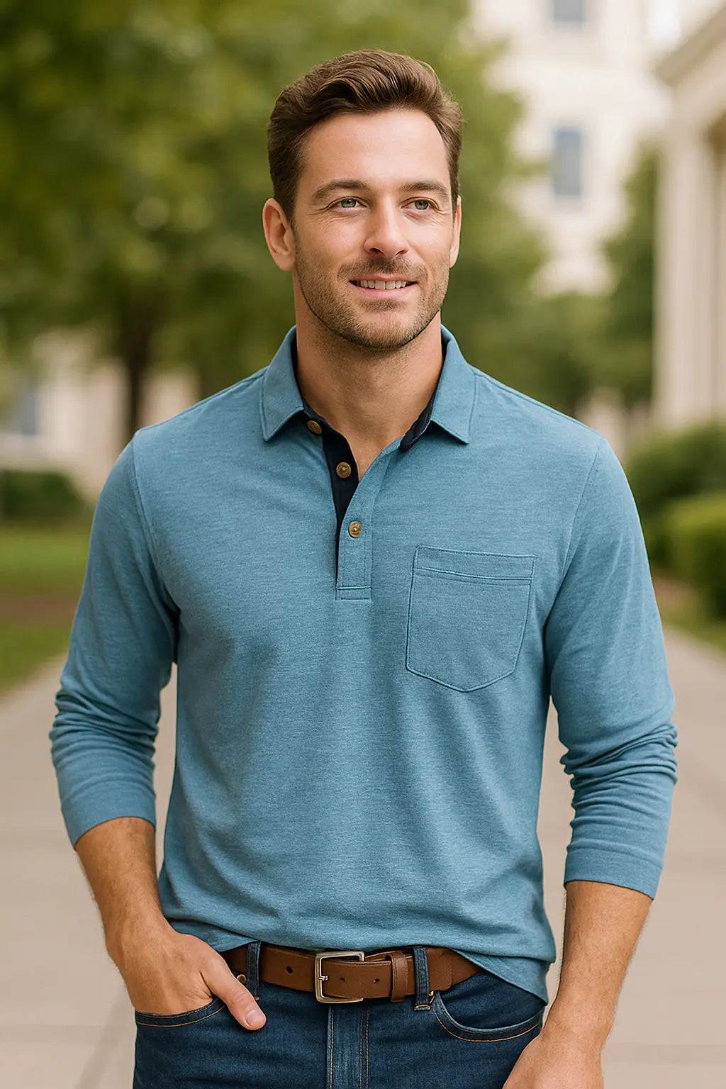 Heren Poloshirt Met Lange Mouwen, Zakelijk Casual T-Shirt Met Revers En Zak, Zacht Katoenen Top | VIQA VIQA© NEDERLAND