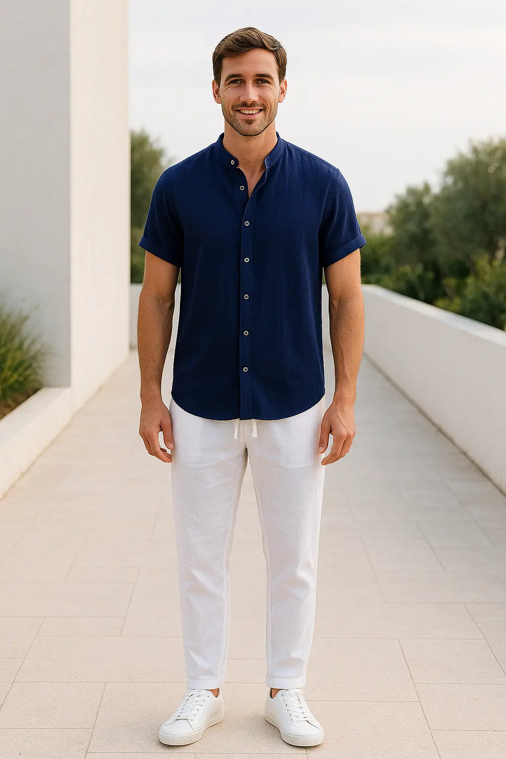 Heren Zomer Tweedelige Set, Katoen-Linnen Shirt Met V-hals En Lange Mouwen En Broek Met Trekkoord, Casual Outfit | VIQA VIQA© NEDERLAND