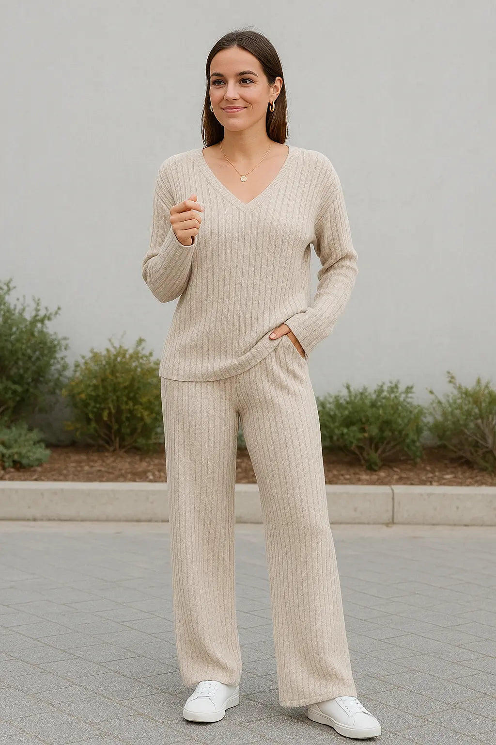 Dames 2-Delige Trui En Broek Set, Herfst Winter Casual Outfit, Lange Mouwen V-Hals Gestreept Lounge Kostuum | VIQA VIQA© NEDERLAND