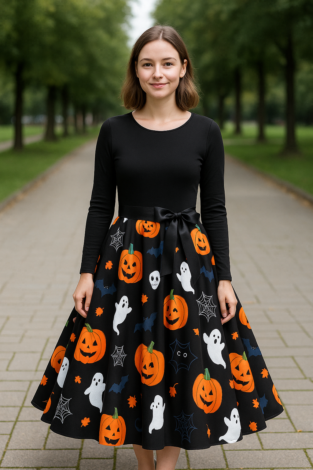 Dames Halloween Jurk, Lange Mouwen O-Hals Casual Zwarte Pompoen Print Feestjurk | VIQA VIQA© NEDERLAND