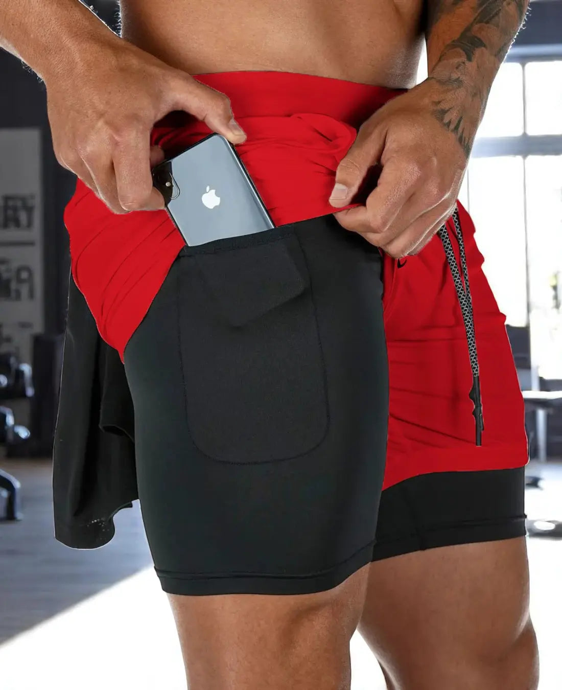 Heren 2-in-1 Trainingsshort, Sneldrogende Sportshort Met Zakken, Lichtgewicht Sportkleding | VIQA VIQA© NEDERLANDRood-2XL