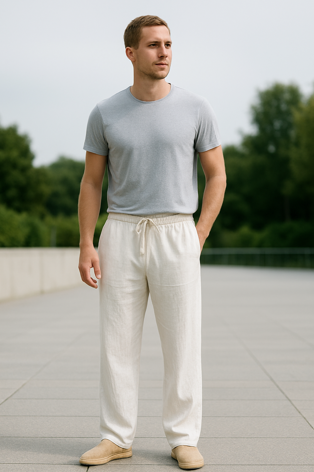 Herenbroek Van Katoen En Linnen, Effen Minimalistische Casual Broek Met Trekkoord En Rechte Pijpen | VIQA VIQA© NEDERLAND