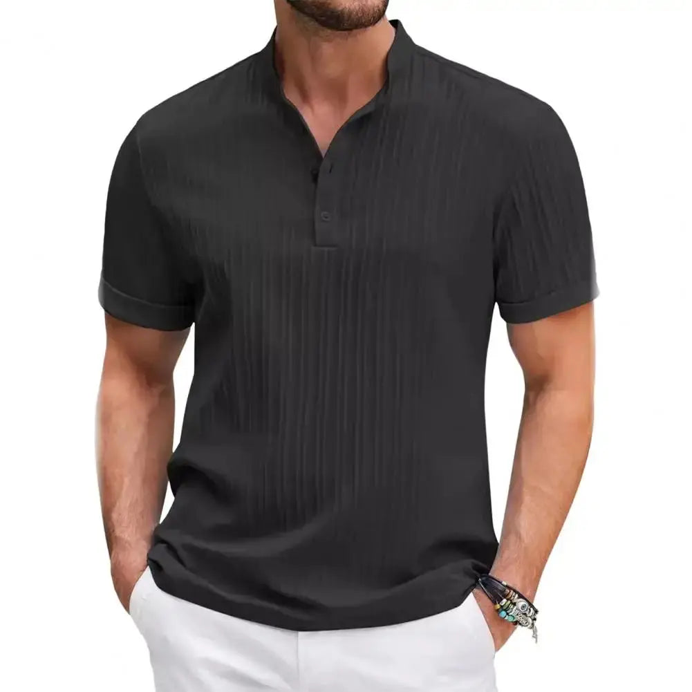 Heren Geborduurd Gestreept Katoenen Henry Overhemd VIQA© NEDERLAND