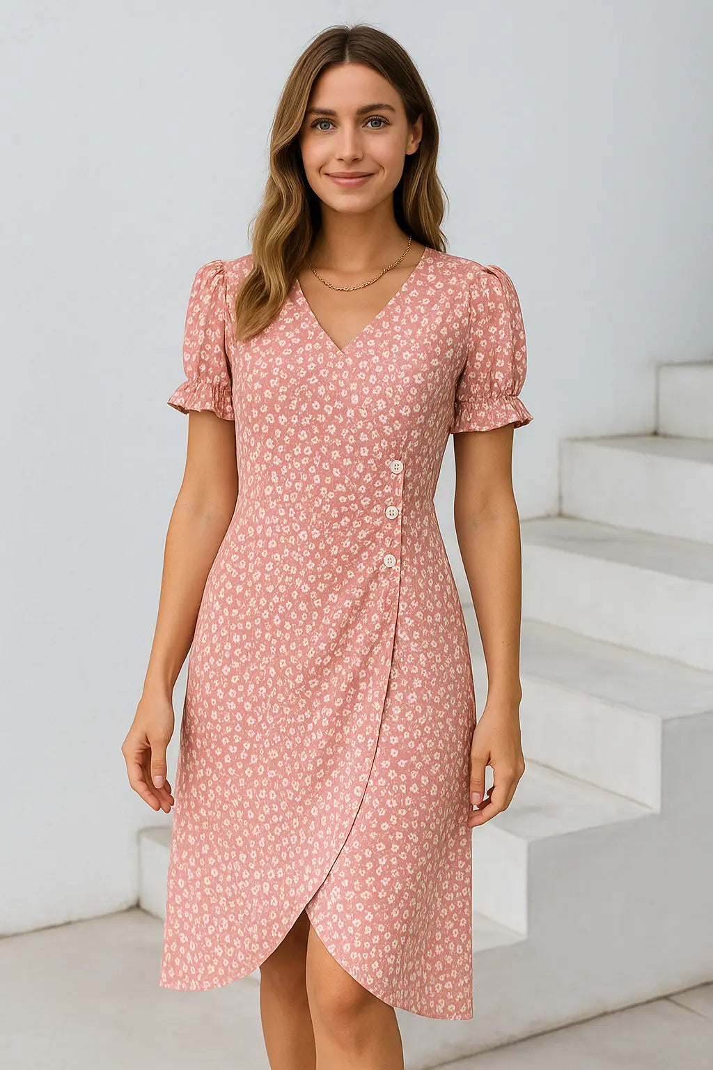 Dames Midi Jurk Met Bloemenprint, Elegante Zomerjurk Met V-Hals, Pofmouwen, Plooien En Knopen | VIQA VIQA© NEDERLAND