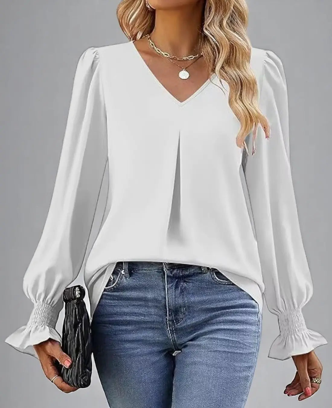 Kristina Dames Zomer V-Hals Blouse Met Lange Mouwen VIQA© NEDERLANDWit-2XL