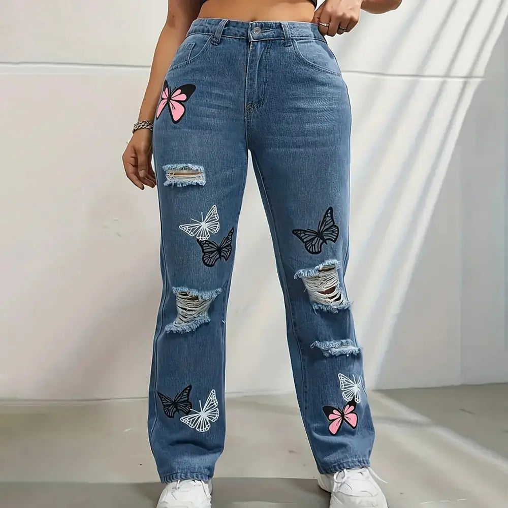 Dames Jeans Met Hoge Taille En Vlinderprint VIQA© NEDERLAND