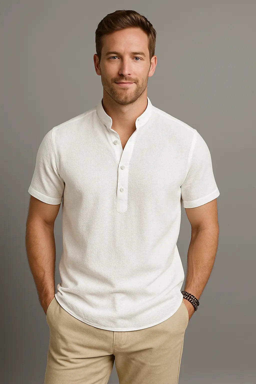 Roy Heren Ademend Zomer Linnen Vakantie T-Shirt Met Knoopsluiting VIQA© NEDERLANDWit-2XL