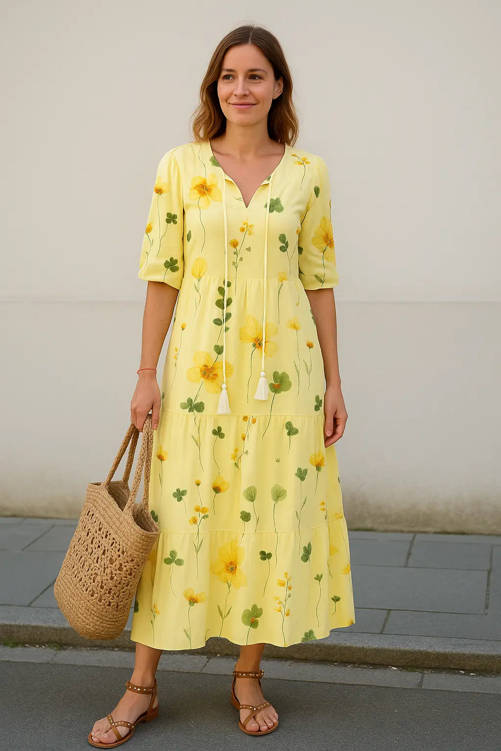 Dames Maxi Zomer V-Hals Bedrukte Jurk, Casual Losse Lange Mouwen Koord Stijl | VIQA VIQA© NEDERLAND