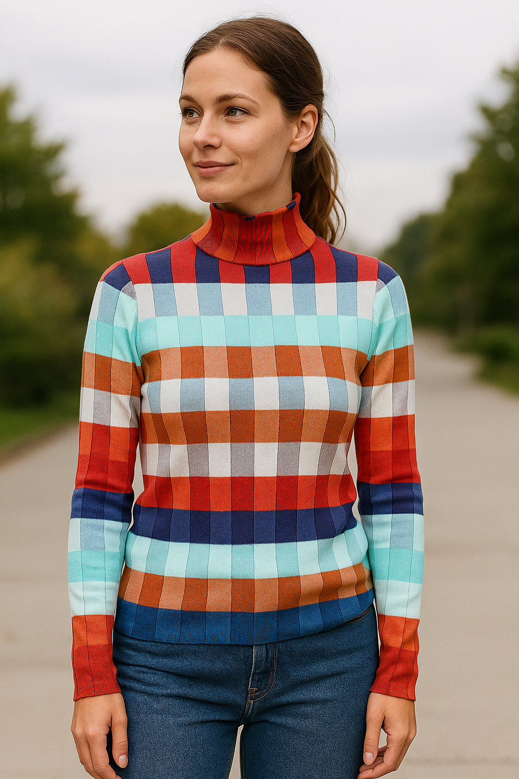 Kleurrijke Geruite Gebreide Trui Voor Dames, Hoge Hals, Slim Pasvorm, Herfst En Winter Pullover | VIQA VIQA© NEDERLAND