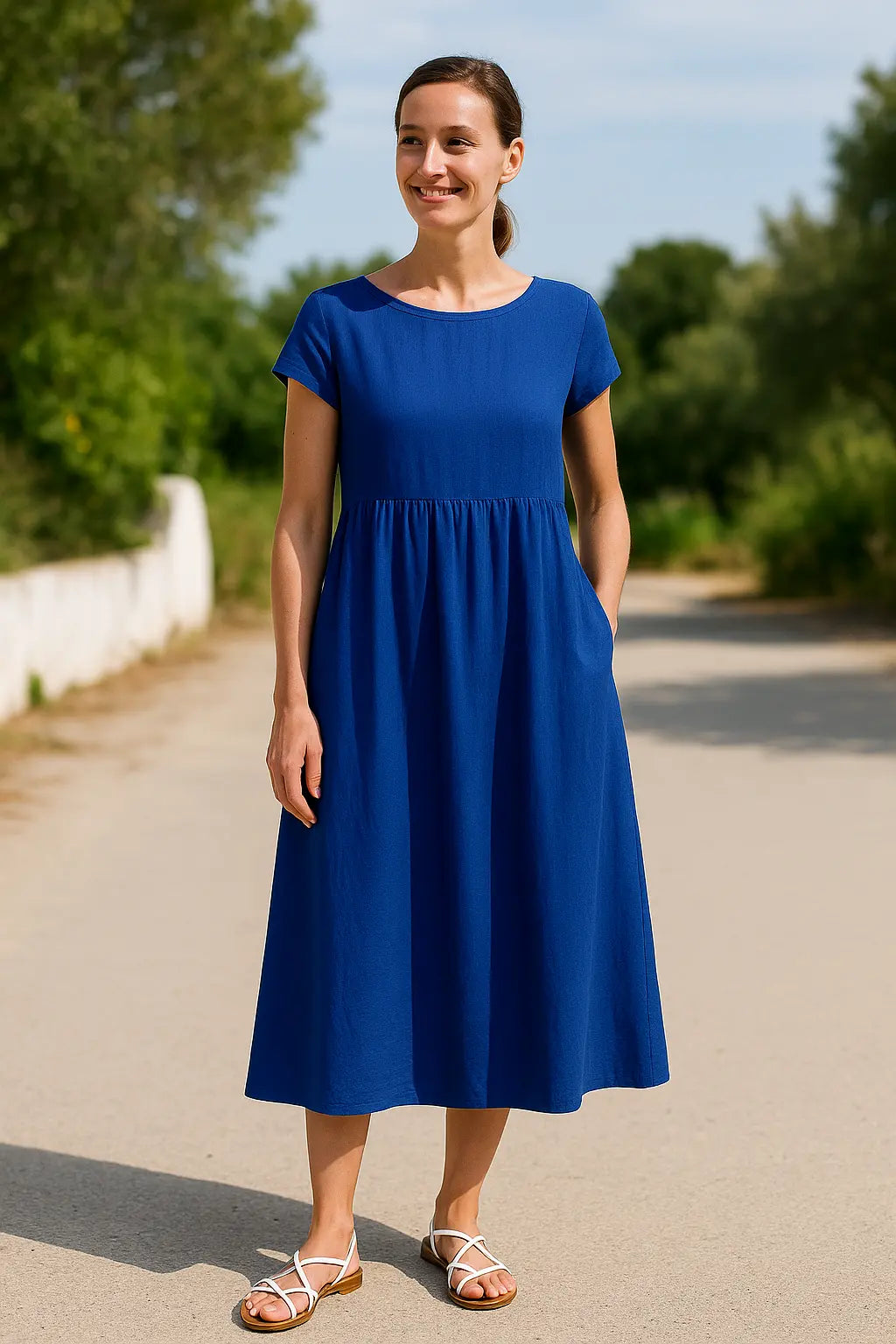 Dames Midi Jurk, Elegante Effen Kleur Met Korte Mouwen, O-Hals En Zakken | VIQA VIQA© NEDERLAND