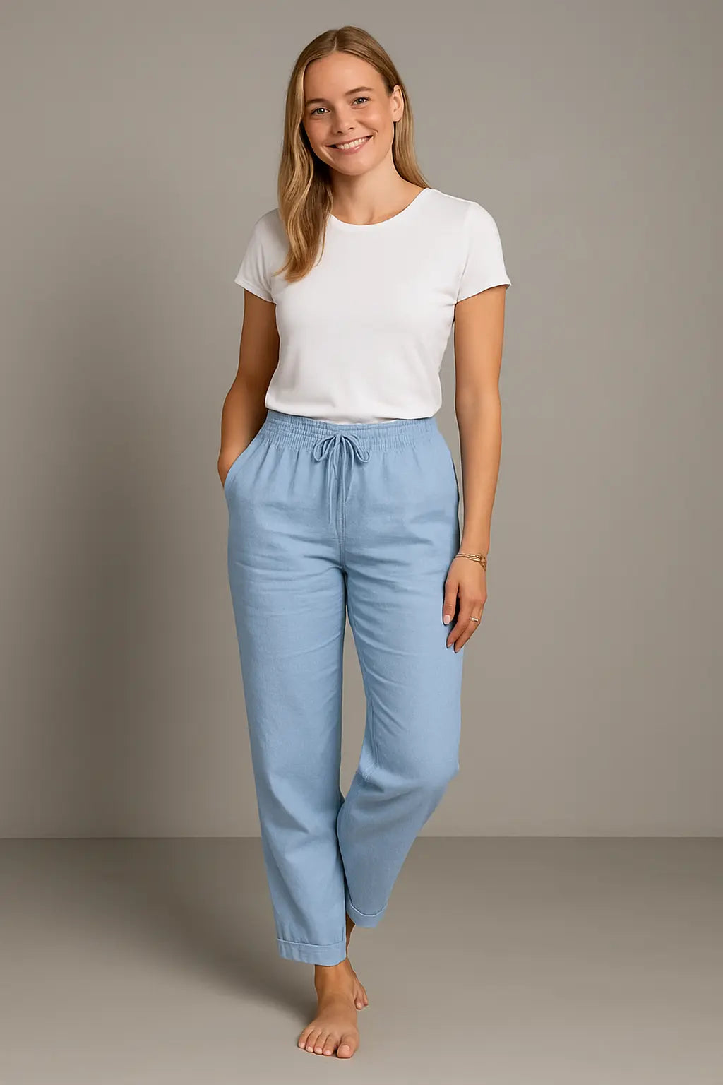 Eva Dames Zomer Linnen Ademend Comfort Broek VIQA© NEDERLANDBlauw-2XL