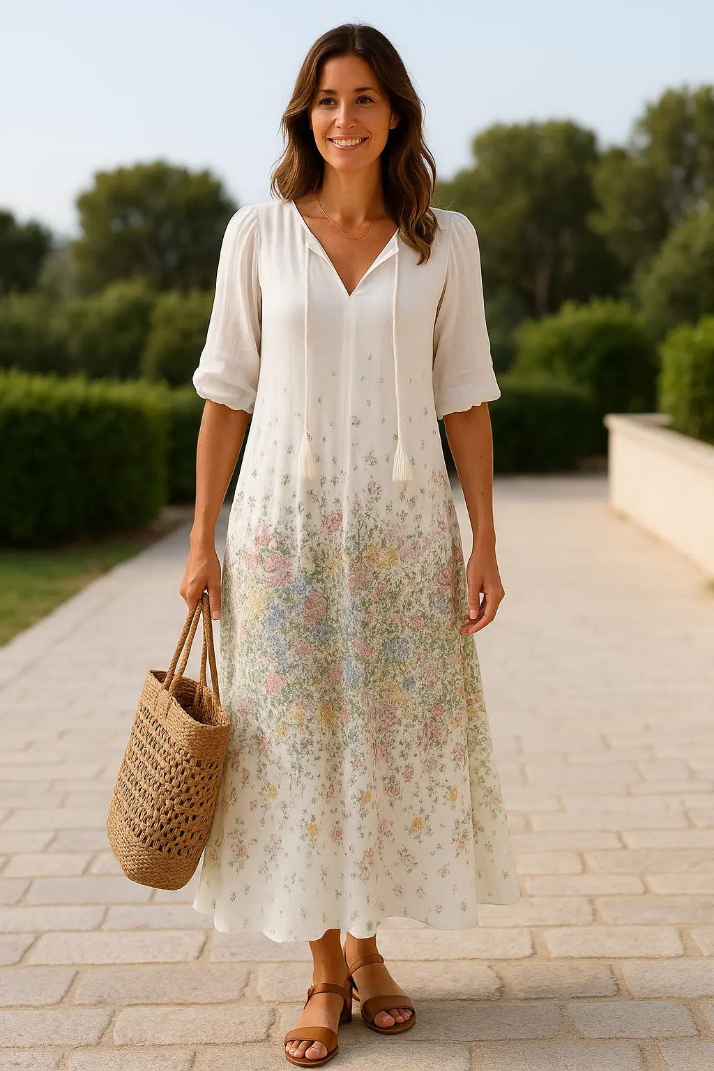 Dames Zomerjurk Met Bloemen V-Hals, Casual Boho Vakantiejurk Met Korte Mouwen En Kwastjes | VIQA VIQA© NEDERLAND