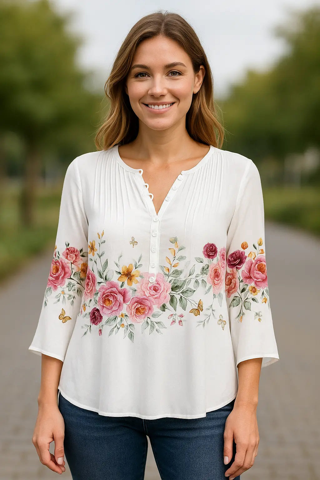 Dames Bloemen V-Hals Blouse, Korte Mouw Knoopdetail Zomer T-Shirt | VIQA VIQA© NEDERLAND