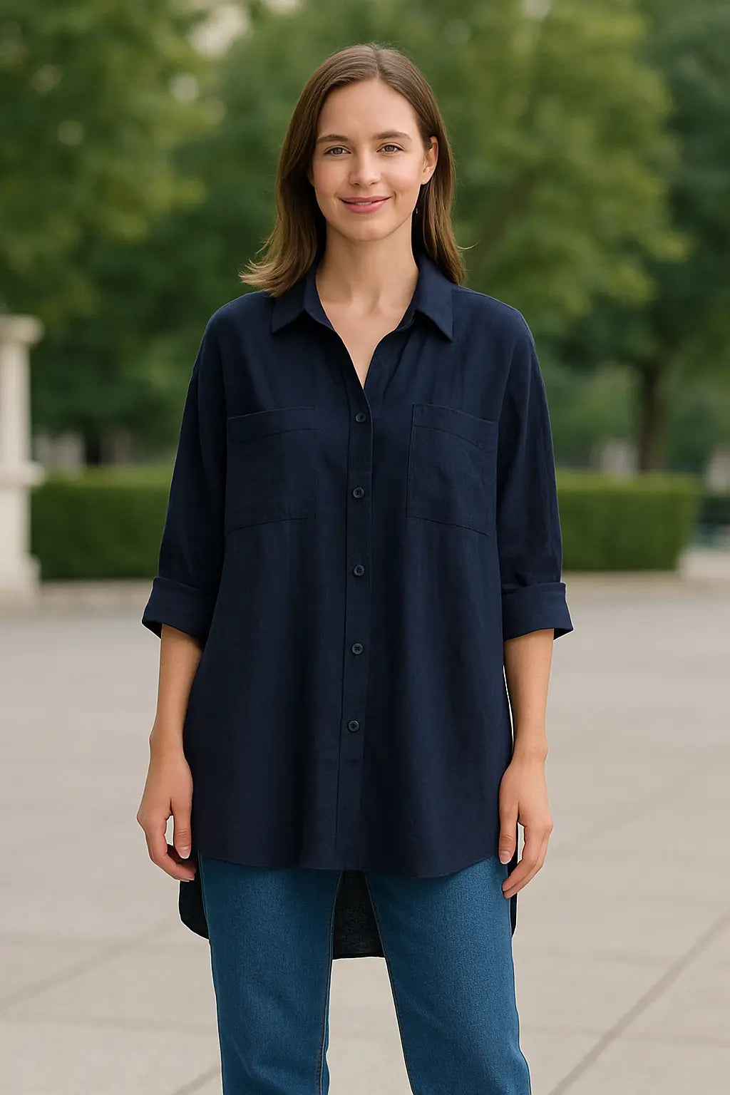 Dames Lange Mouw Shirt, Turn Down Kraag Stevige Blouse, Single Breasted Mid Lengte Top | VIQA VIQA© NEDERLAND