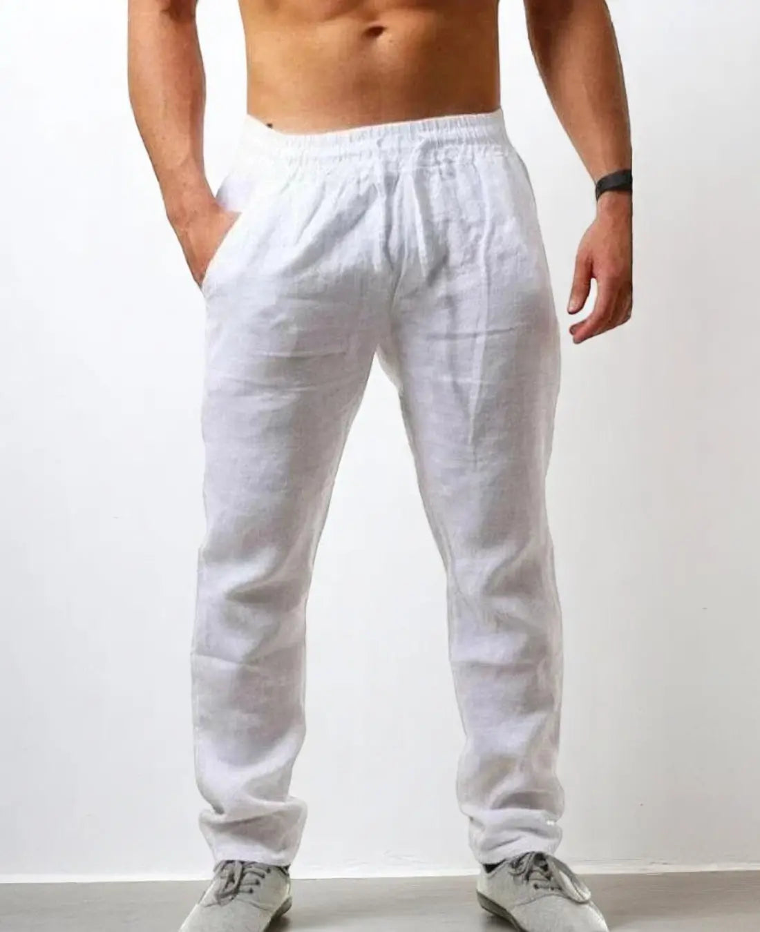 Heren Zomerbroek Katoen Linnen, Lichtgewicht Los Pasvorm, Casual Effen Kleur Broek | VIQA VIQA© NEDERLANDWit-2XL