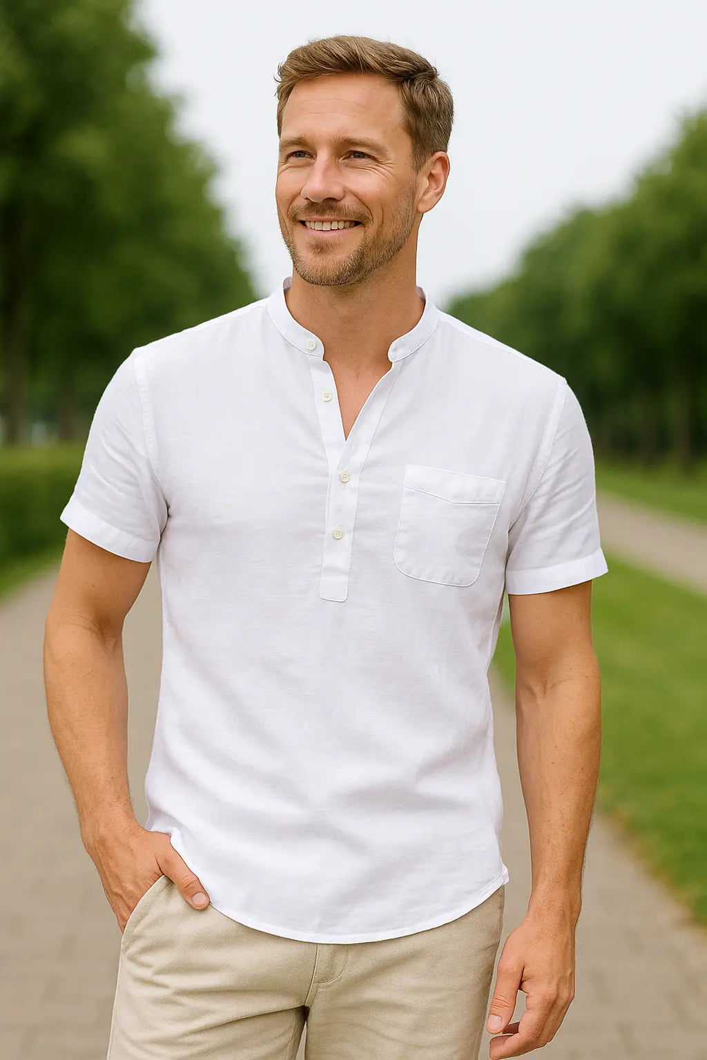 Heren Linnen Katoenen Henley Shirt, Korte Mouw Effen Kleur Strandkleding, Casual Street Style | VIQA VIQA© NEDERLAND