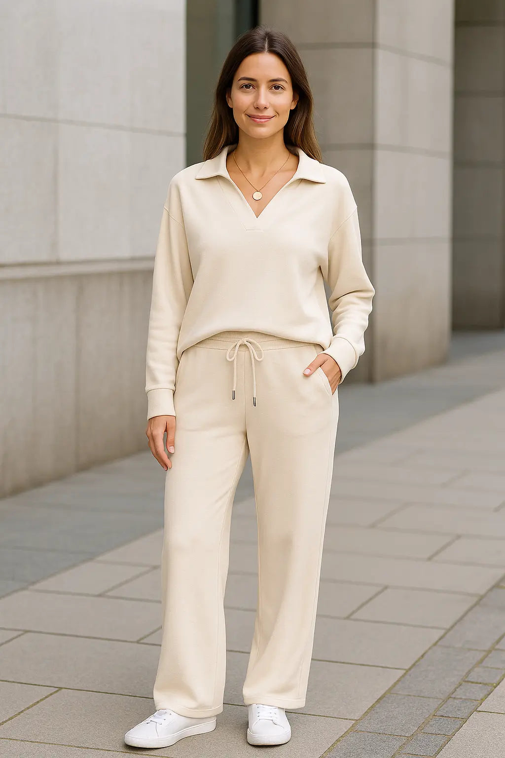 Tweedelige Set Voor Dames, Top Met V-Hals En Lange Mouwen, Elastische Tailleband Met Trekkoord En Wijde Broek Met Elastische Tailleband | VIQA VIQA© NEDERLAND