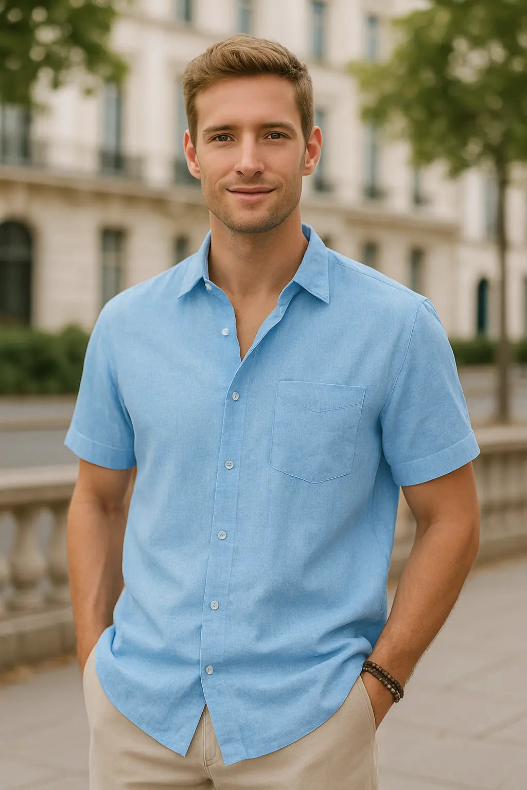 Heren Katoenen Linnen Shirt Met Korte Mouwen, Zomerse Casual Strandkleding, Effen Kleur Gedraaide Kraag | VIQA VIQA© NEDERLAND