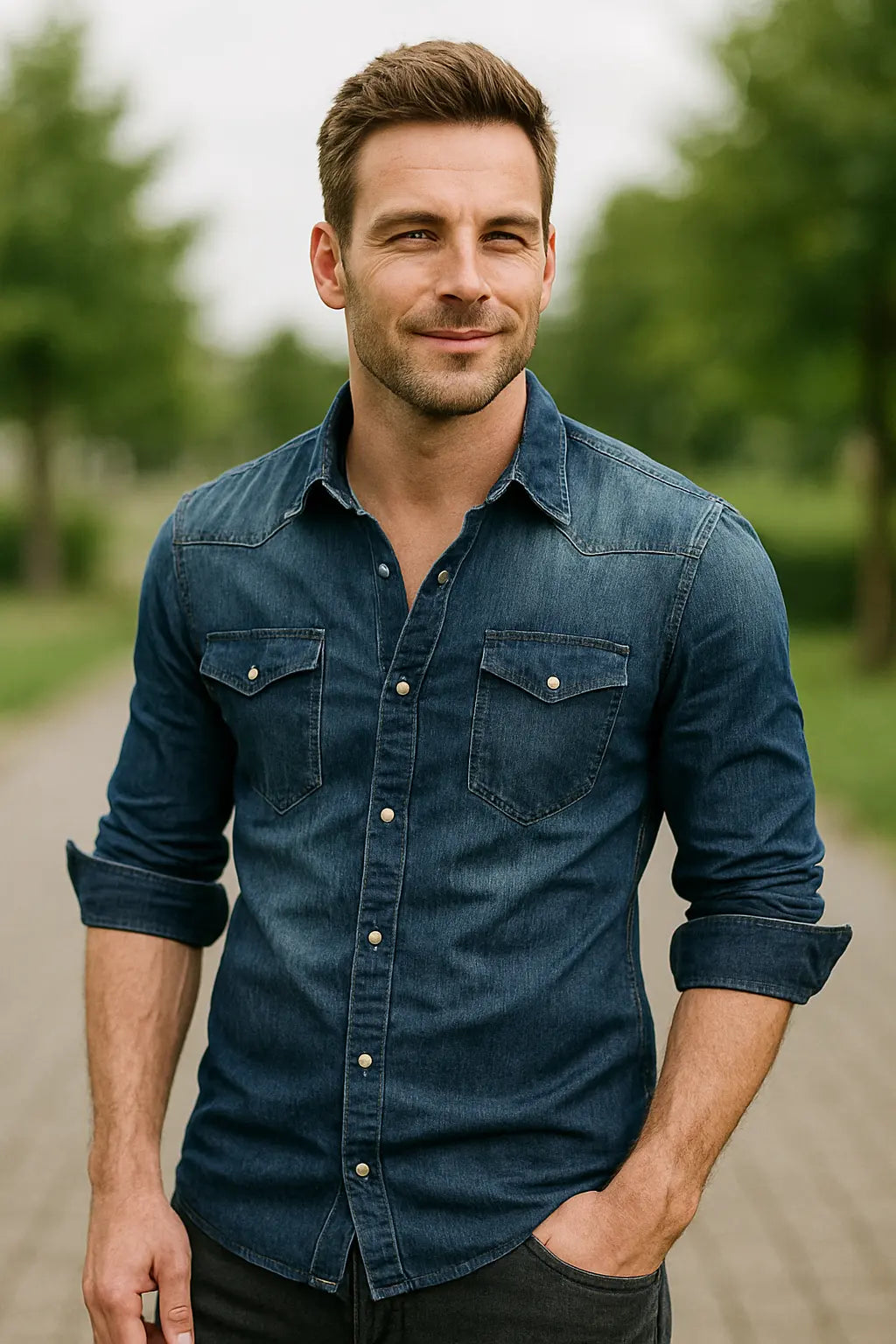 Heren Denim Shirt, Slim Fit Lange Mouw Top, Vrijetijdskleding Met Zakken | VIQA VIQA© NEDERLANDBlauw / 2XL