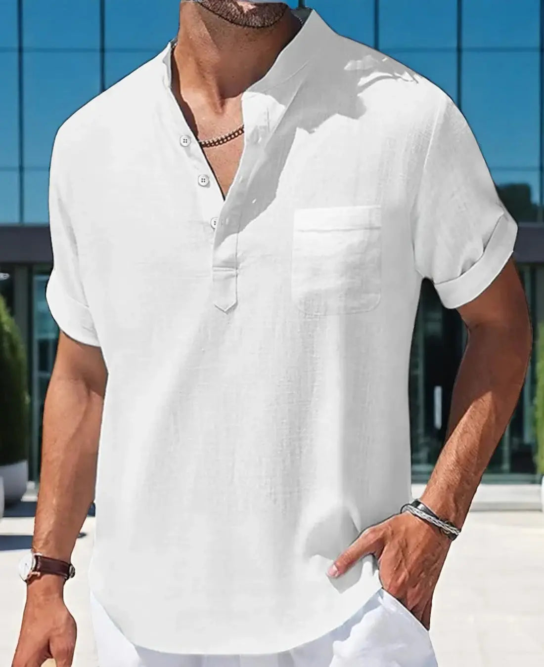 Heren Zomer Linnen Shirt, Casual Korte Mouwen, Ademende Staande Kraag Top Met Zak | VIQA VIQA© NEDERLANDWit-2XL