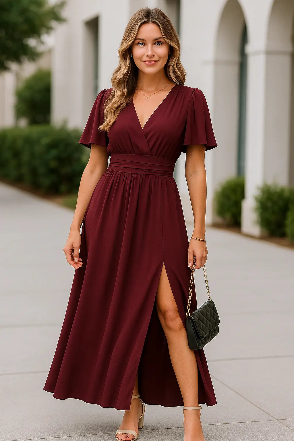 Dames Elegante V-hals Maxi Jurk, Zomer Korte Mouwen Hoge Taille Slank Fit Casual Jurk| VIQA VIQA© NEDERLAND