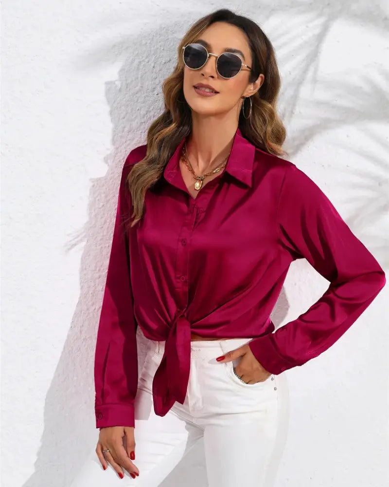 Dames Satijnen Luxe Blouse Shirt Met Lange Mouwen VIQA© NEDERLANDRood-XXL