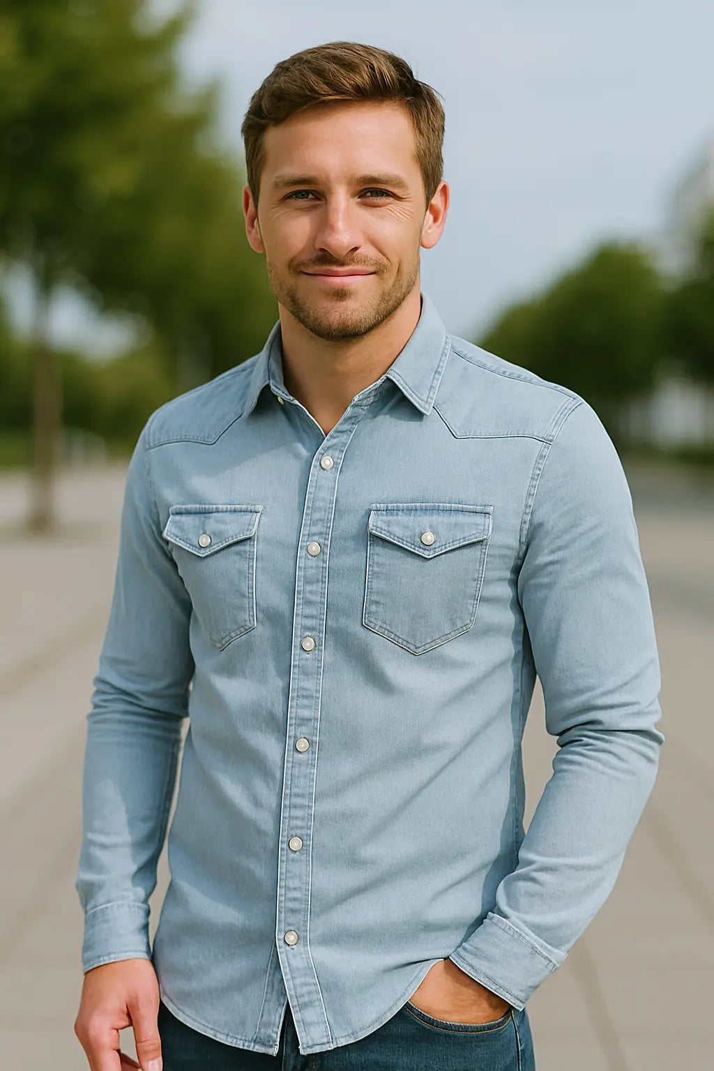 Heren Denim Shirt, Vintage Slim Fit Lange Mouwen Knoop Omhoog, Casual Kapel Top | VIQA VIQA© NEDERLAND