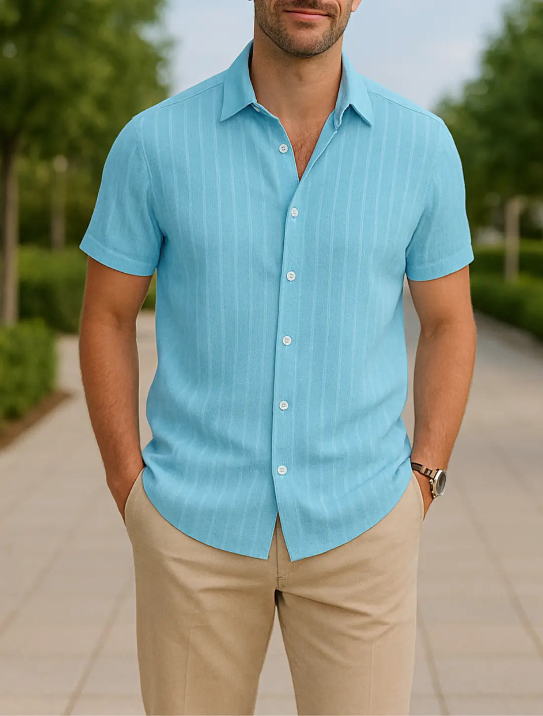 Heren Gestreept Shirt, Korte Mouwen, Losse Pasvorm, Casual Veelkleurige Zomertop | VIQA VIQA© NEDERLANDLichtblauw-2XL