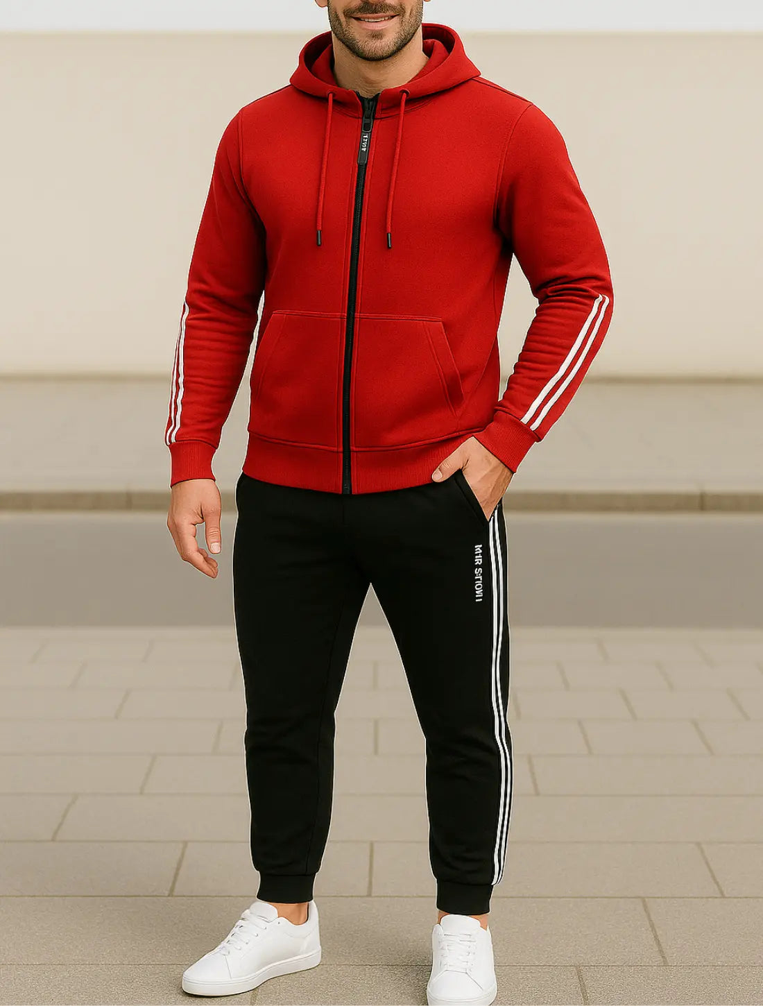 Heren Trainingspak Set, Sweatshirt Met Capuchon En Lange Mouwen En Joggingbroek, Casual Outdoor Fitnesskleding | VIQA VIQA© NEDERLANDRood-Zwart / 2XL