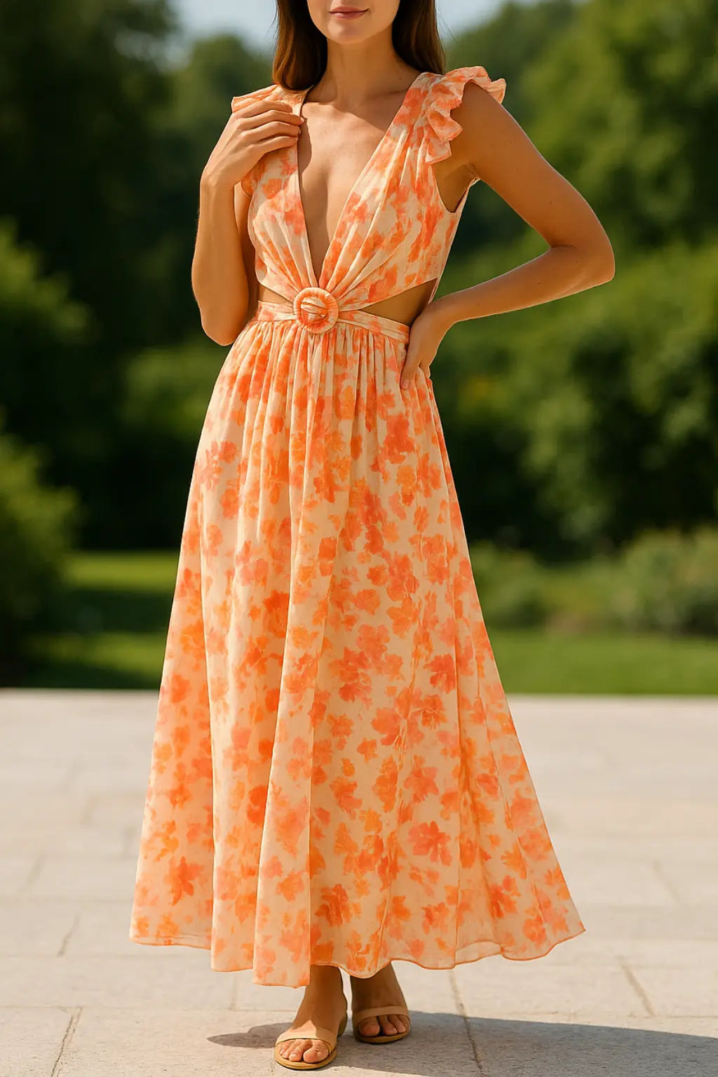 Dames Sexy Bloemige Maxi Jurk, Zomer V-Hals Rugloze Geruffelde Slanke Pasvorm Vakantie Jurk | VIQA VIQA© NEDERLANDOranje / XL