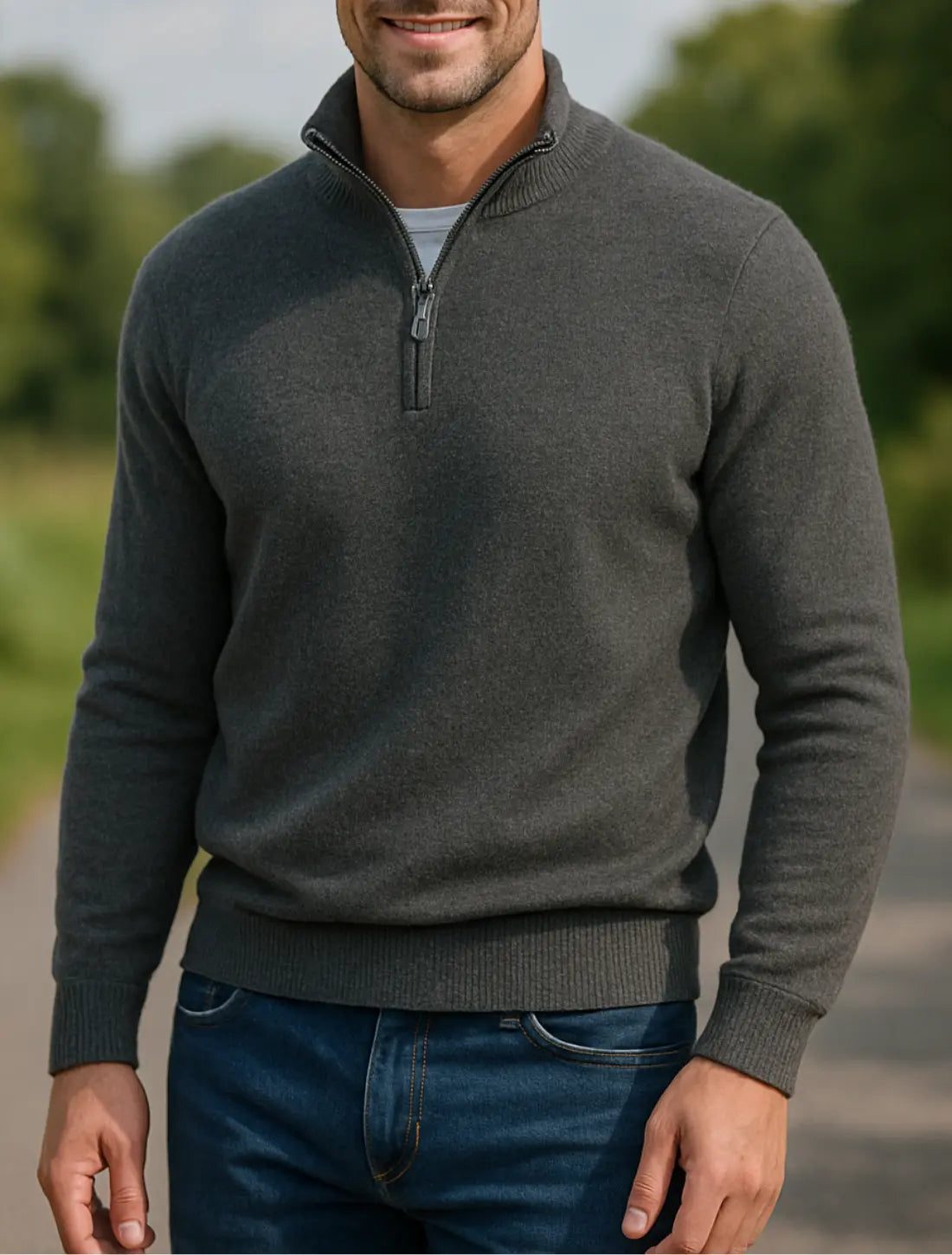 Heren Winter Trui, Halve Rits V-Hals Sweater, Effen Kleur Slim Pasvorm Lange Mouwen Sweatshirt | VIQA VIQA© NEDERLANDGrijs / 2XL