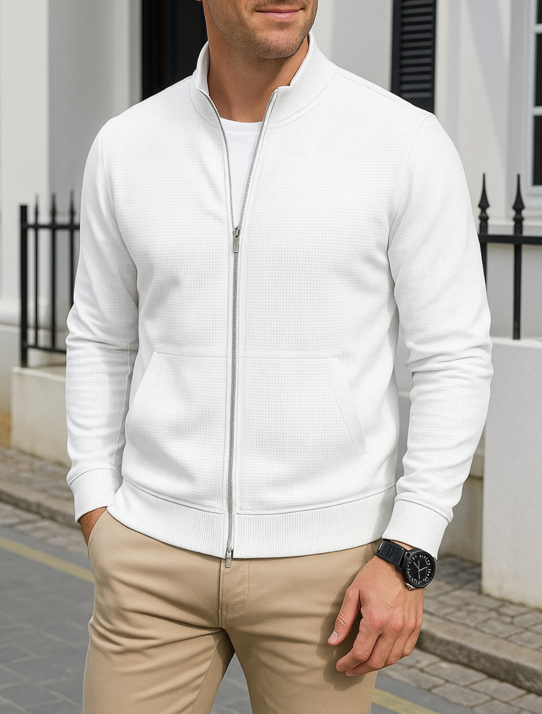 Slim Pasvorm Herenvest, Wafelpatroon, Oslagkraag, Lange Mouwen, Sportieve Stijl En Zak Met Ritssluiting | VIQA VIQA© NEDERLAND