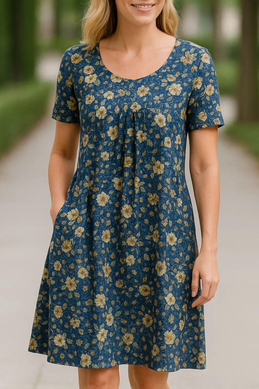 Dames Bloemen Midi Jurk, Zomer Ronde Hals Korte Mouwen Casuele Homewear | VIQA VIQA© NEDERLANDBlauw-Bloemen / 2XL