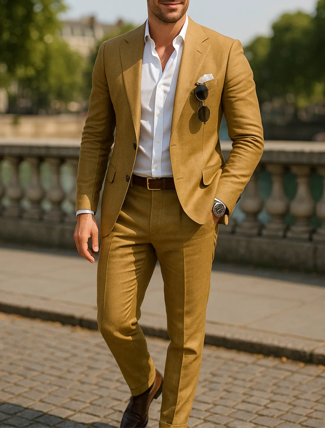 Linnen Herenset, Zomerdelige Tweedelige Blazer En broek, Casual Zakelijk Enkelknoops Kostuum | VIQA VIQA© NEDERLANDKaki / 2XL