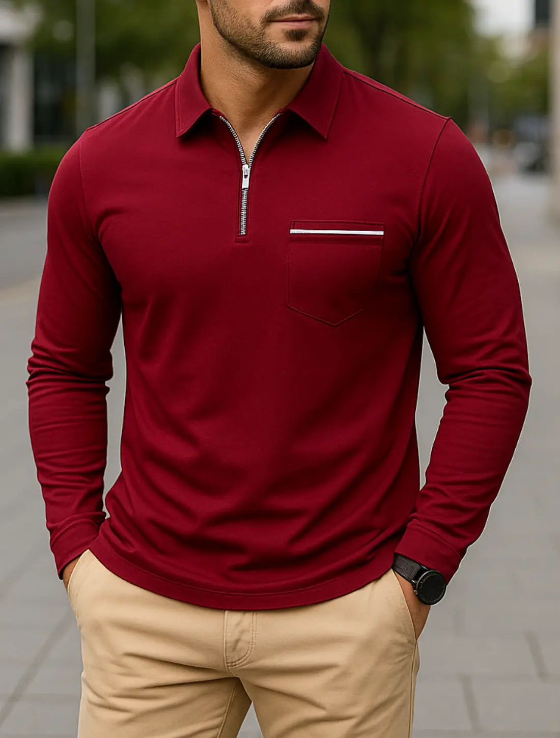 Heren Lange Mouwen Poloshirt, Hoge Kwaliteit Business Casual Kap Met Zak, Lente Herfst Slijtage | VIQA VIQA© NEDERLANDRood / 2XL