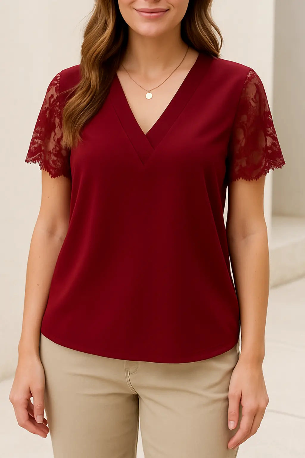 Dames V-Hals Jacquard Top, Effen Kleur Korte Mouwen Blouse, Elegante Zomer Casual Shirt | VIQA VIQA© NEDERLANDRood / XL