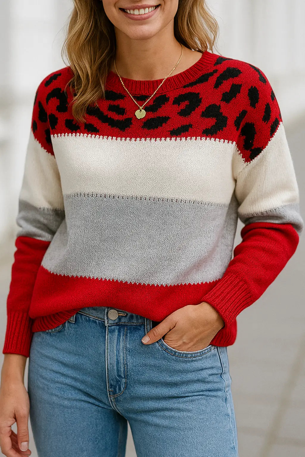 Dames Gebreide Trui, Kleur Blok Luipaard Print, Ronde Hals Lange Mouwen Casual Top | VIQA VIQA© NEDERLANDRood / 2XL