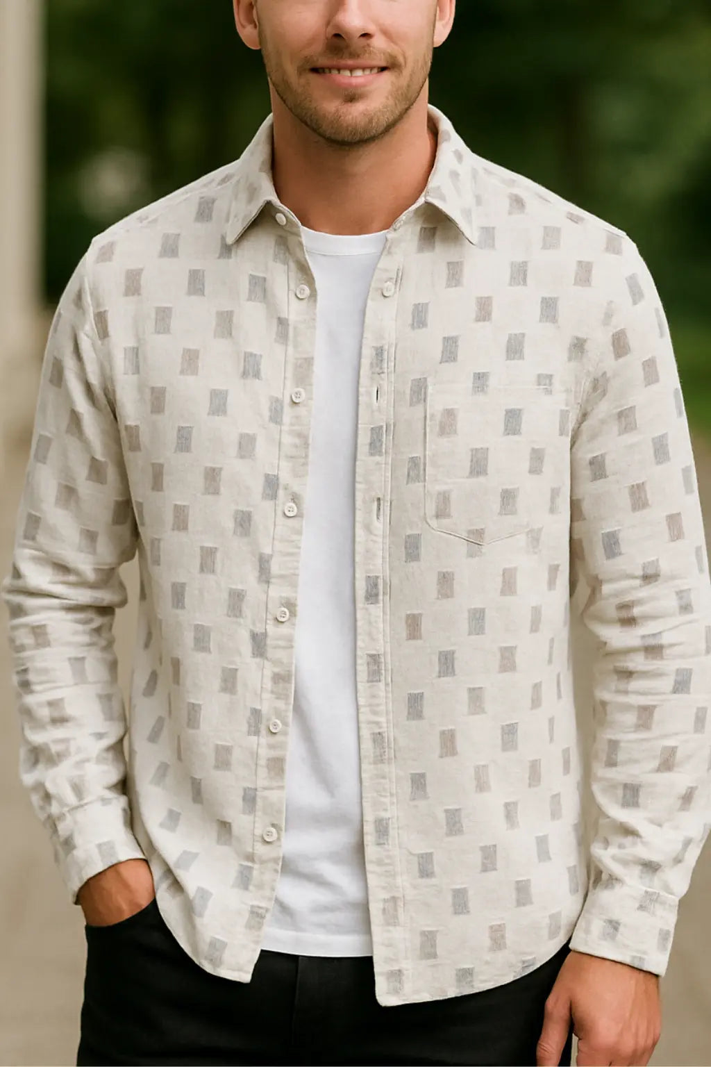 Heren Shirtjas Met Print, Omgeslagen Kraag, Lange Mouwen, Losse Pasvorm, Streetwear Jas | VIQA VIQA© NEDERLANDWit-Grijs-2XL