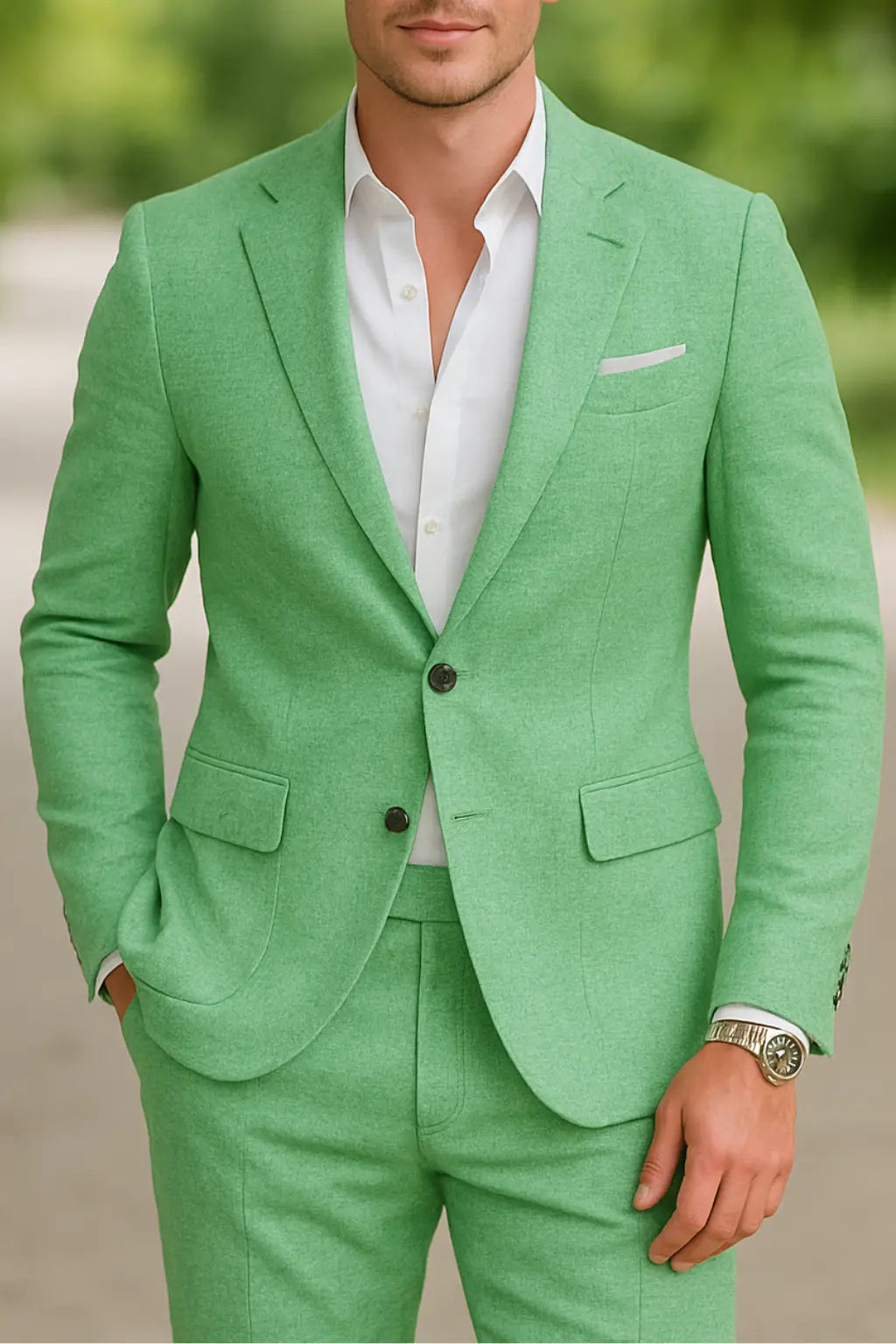 Heren Linnen Zomerpak Set, 2-delige Slim Fit Strand Bruiloft Outfit, Notch Revers Blazer En Broek | VIQA VIQA© NEDERLANDGroen / 2XL