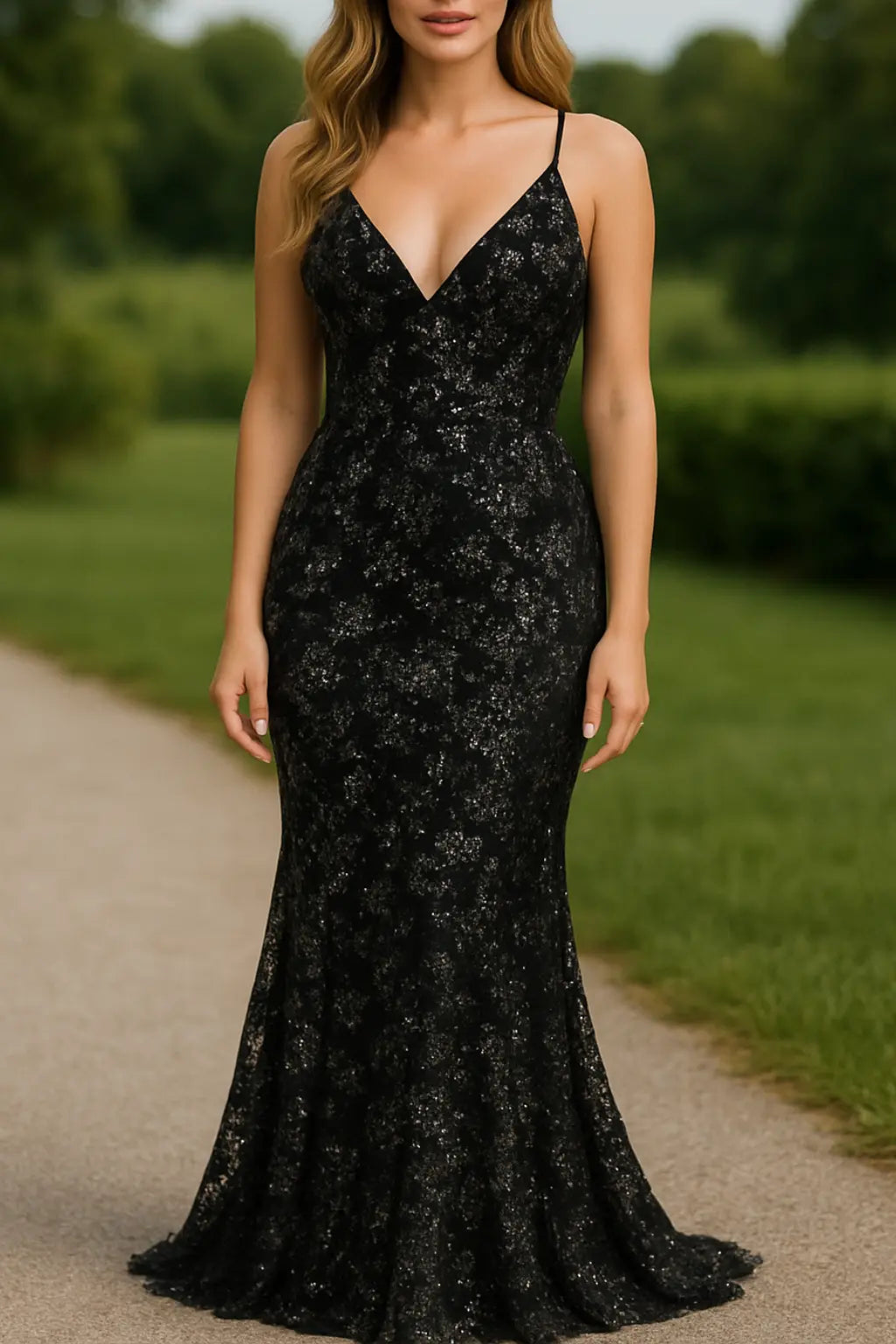 Dames Bodycon Maxi Jurk Met Lovertjes En Mazen, Sexy V-Hals Spaghettibandjes Rugloos Avondjurk | VIQA VIQA© NEDERLANDZwart / XL