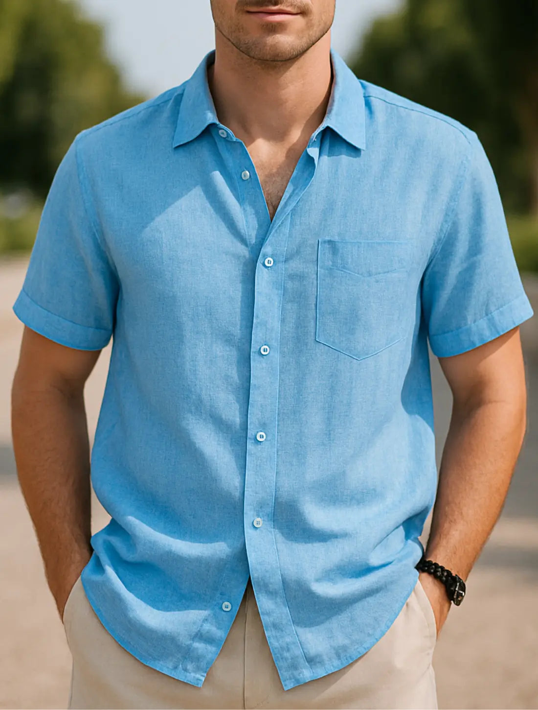 Heren Shirt Met Korte Mouwen, Zomerse Casual Strandkleding, Effen Kleur Gedraaide Kraag | VIQA VIQA© NEDERLANDBlauw / 2XL