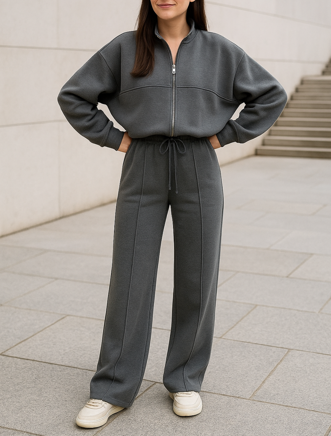 Tweedelige Rrainingspak Set Voor Dames, Sweatshirtjas Met Rits En Broek Met Wijde Pijpen En Trekkoord, Casual Sportkleding Outfit | VIQA VIQA© NEDERLAND