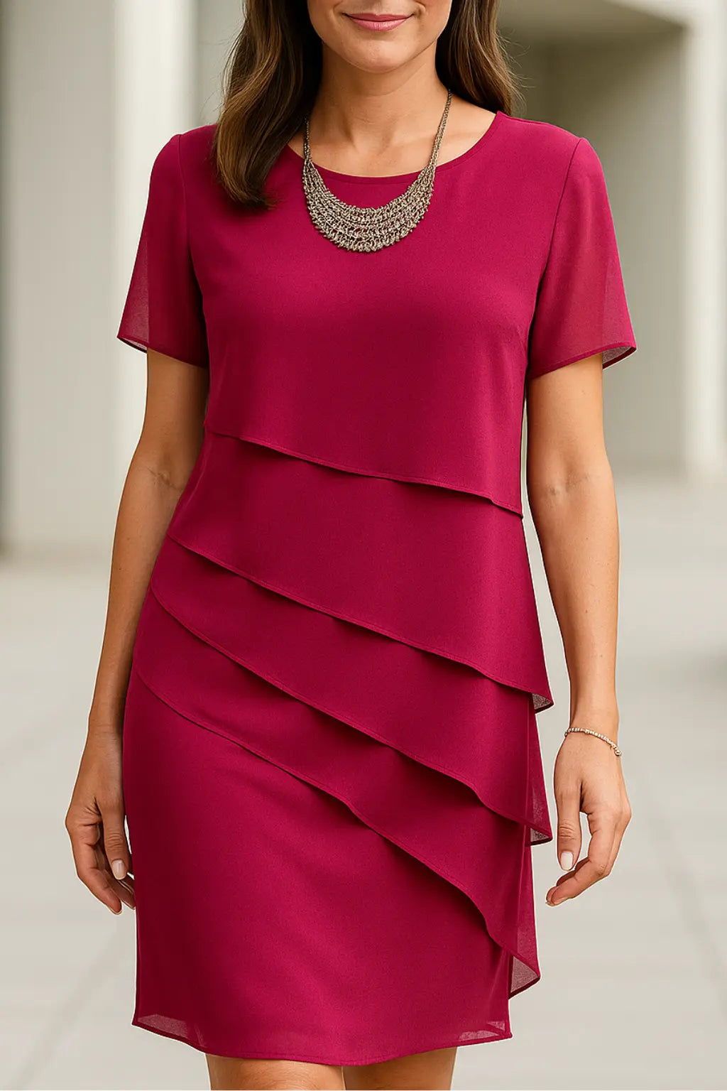 Dames Chiffon Midi Jurk, Elegant O-Hals Gelaagde Korte Mouwen Zomer Feestjurk | VIQA VIQA© NEDERLANDRoze / 2XL