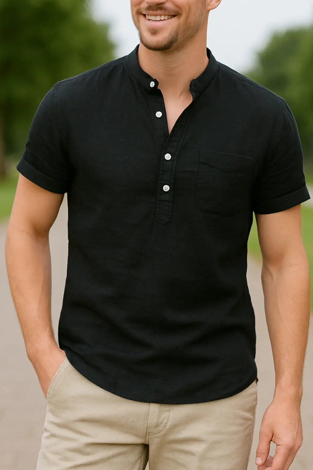 Heren Linnen Katoenen Henley Shirt, Korte Mouw Effen Kleur Strandkleding, Casual Street Style | VIQA VIQA© NEDERLANDZwart-2XL